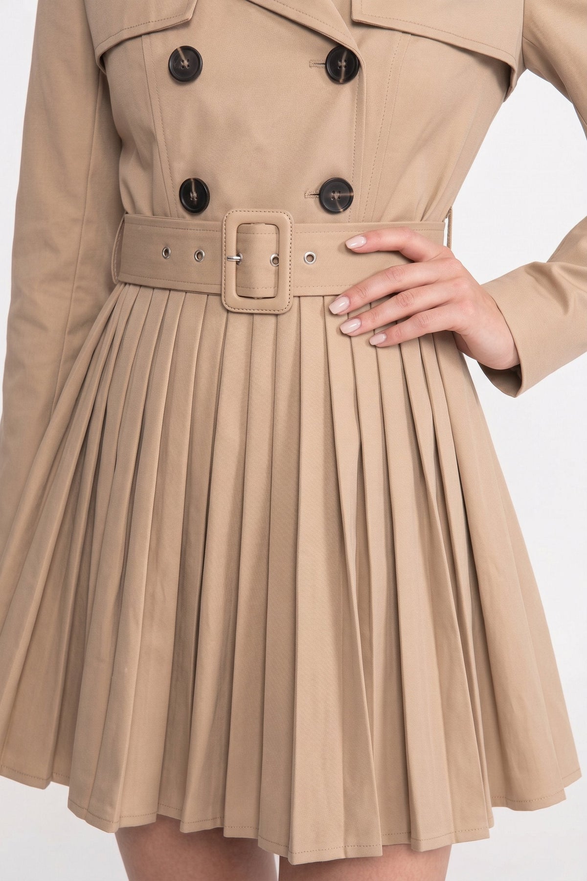Double-Breasted Belted Trench Coat with Pleated Skirt – Khaki – view 4