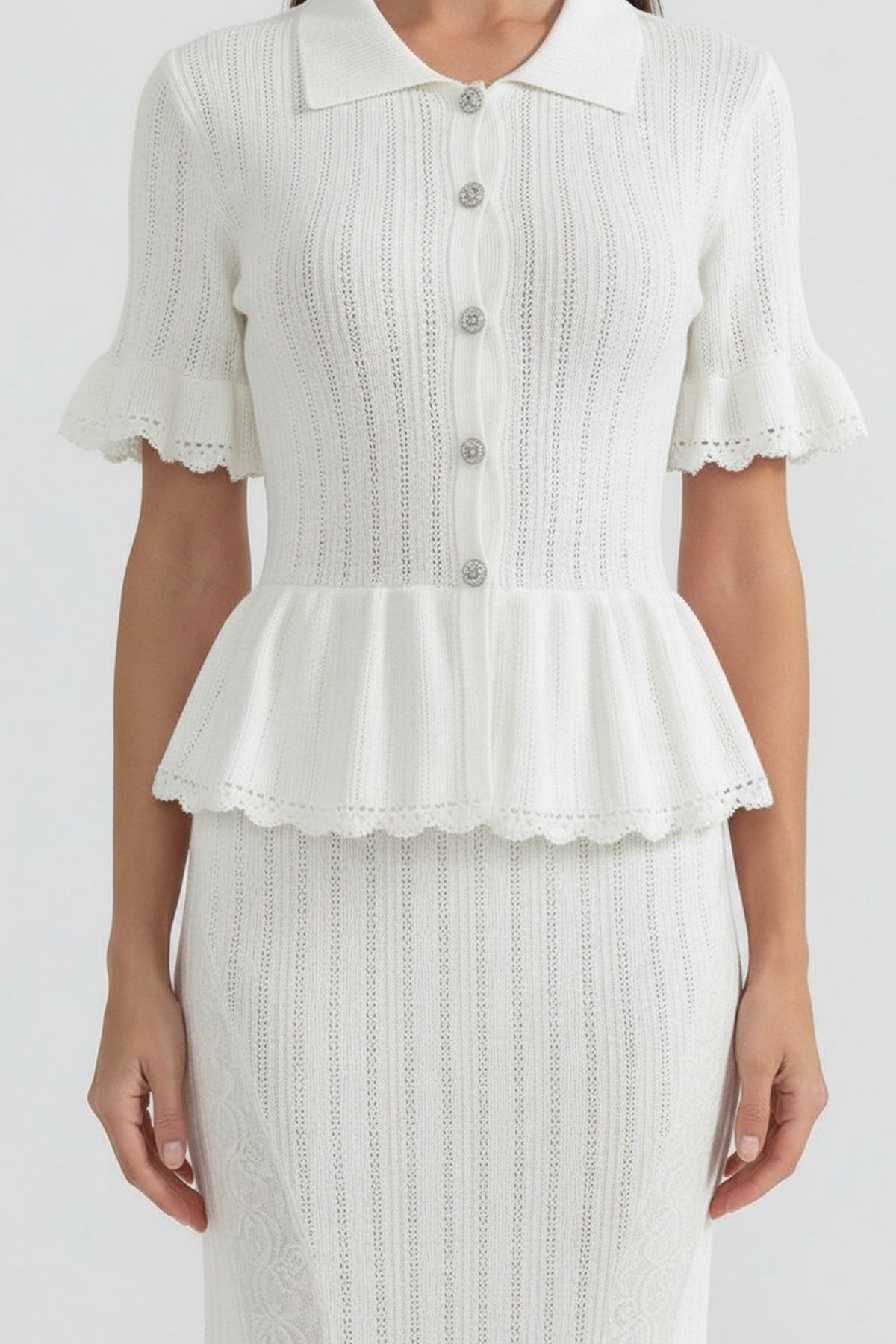 Peter Pan Collar Knit Peplum Maxi Dress with Ruffle Sleeves and Lace Hem – White – view 5