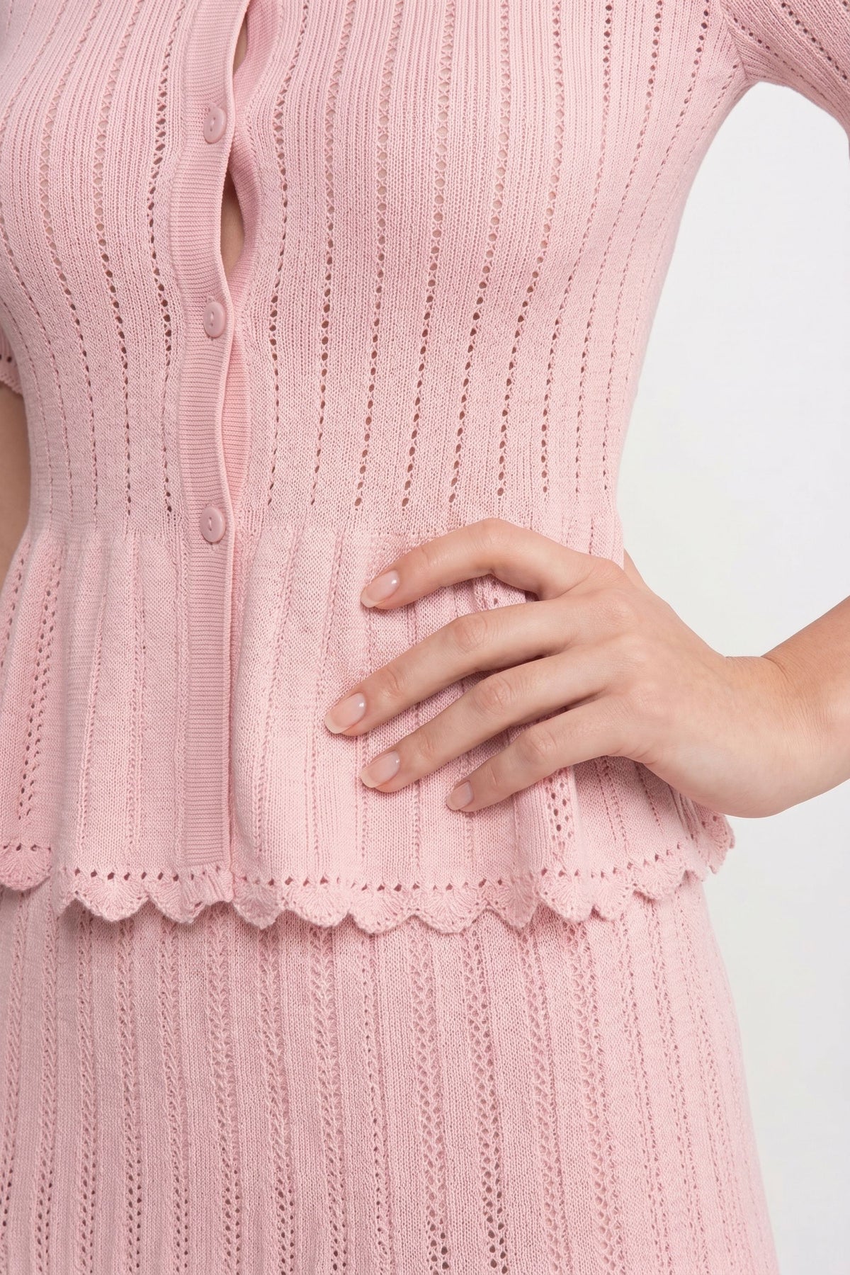 Peter Pan Collar Knit Peplum Top and Mini Skirt Set with Lace Hem – Pink – view 8