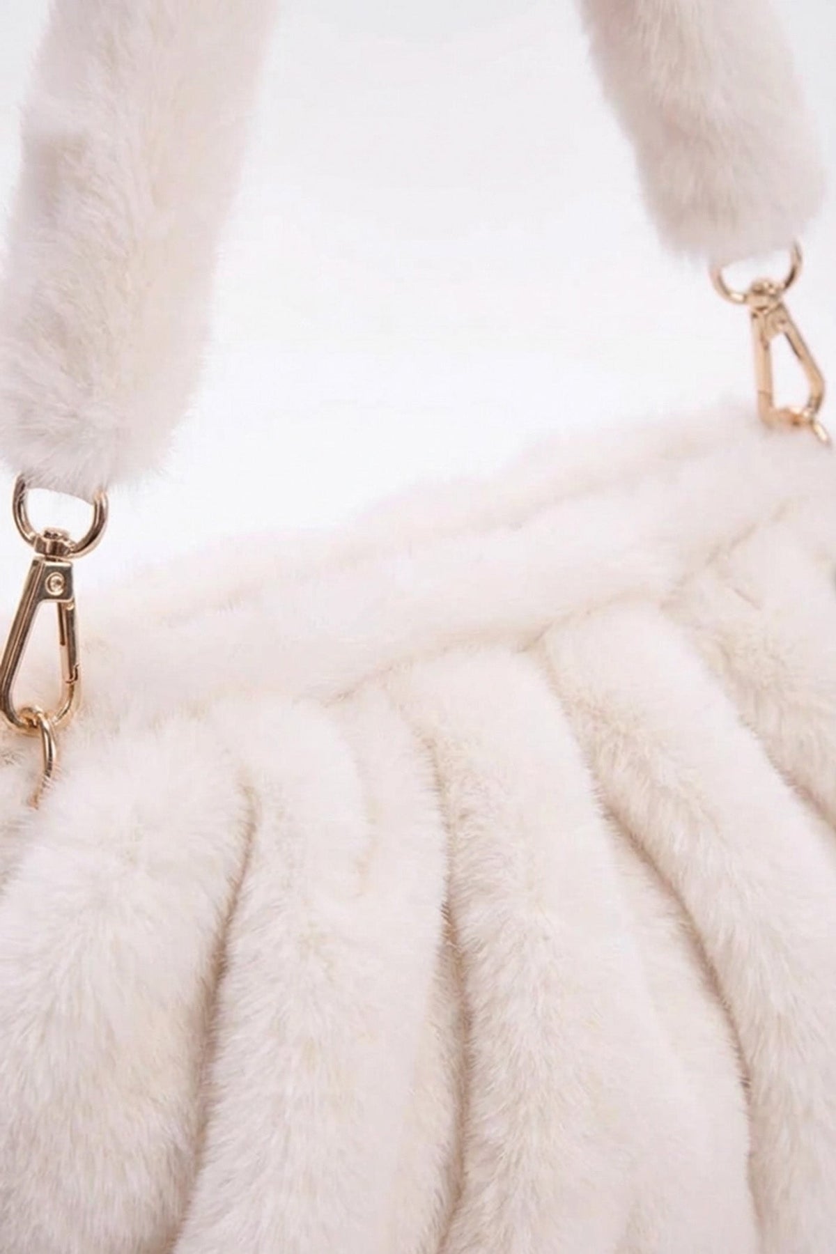 Faux Fur Ruched Pouch Shoulder Bag with Gold-Tone Hardware – White – view 2