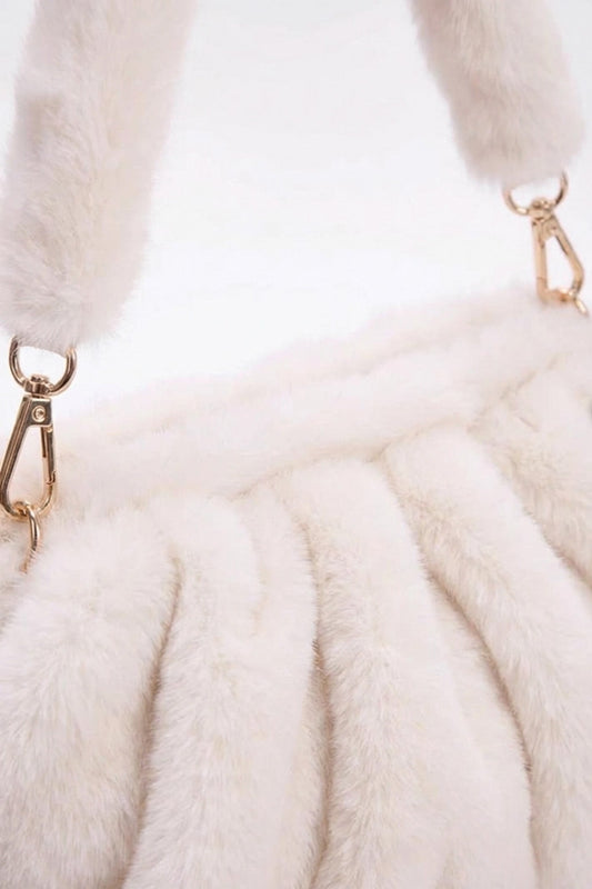 Faux Fur Ruched Pouch Shoulder Bag with Gold-Tone Hardware – White