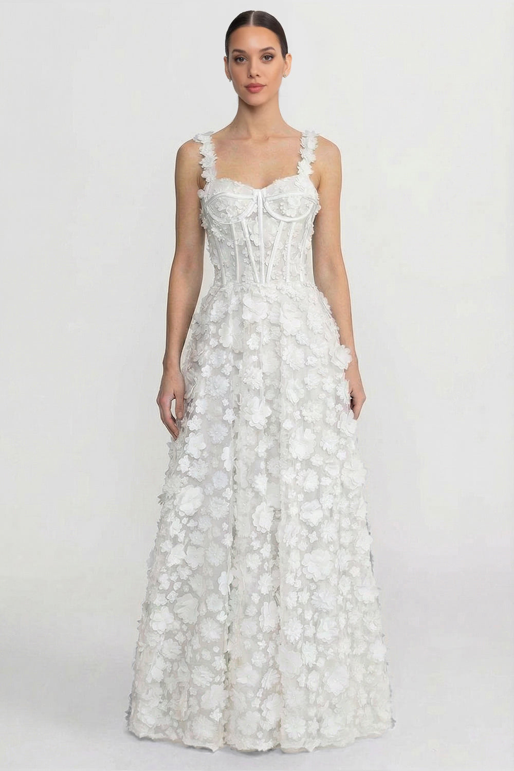 Floral Appliqué Corset Bodice Sweetheart Neck Maxi Dress – White