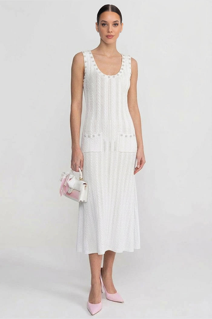 Ribbed Knit Midi Dress and Cropped Cardigan Set with Pearl Buttons – White – view 3