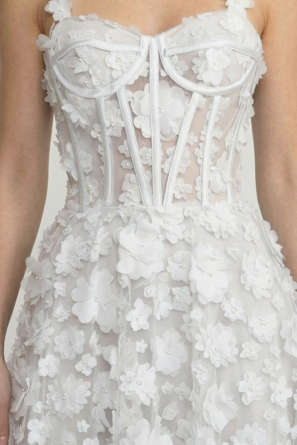 Floral Appliqué Corset Bodice Sweetheart Neck Maxi Dress – White