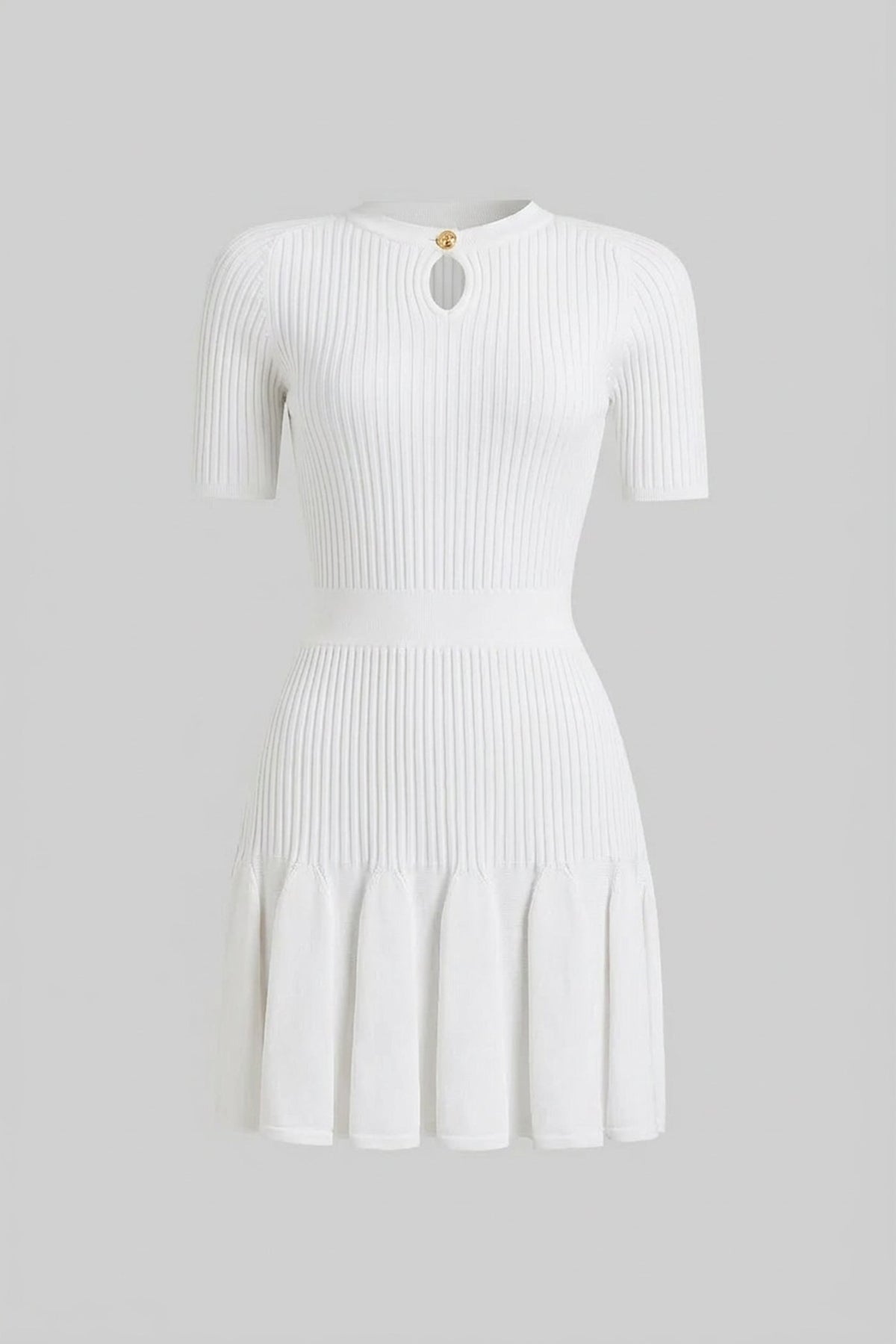 Ribbed Knit Keyhole Neck Mini Dress with Gold Button – White – view 4