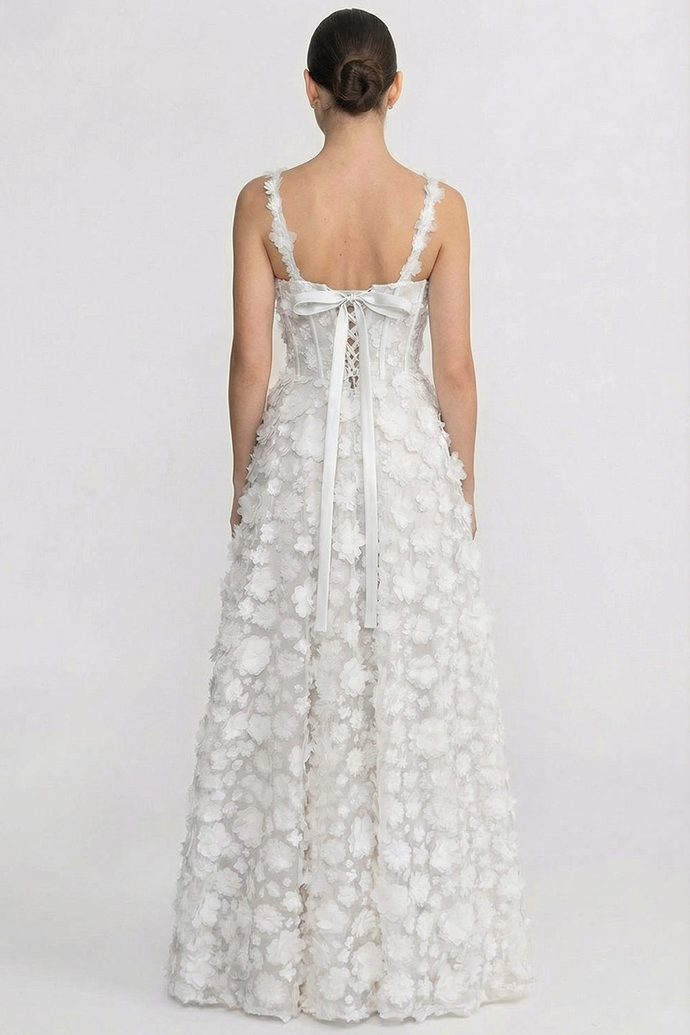 Floral Appliqué Corset Bodice Sweetheart Neck Maxi Dress – White