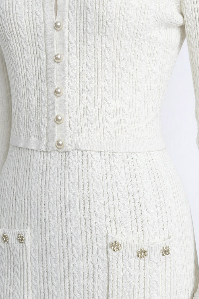 Ribbed Knit Midi Dress and Cropped Cardigan Set with Pearl Buttons – White – view 7
