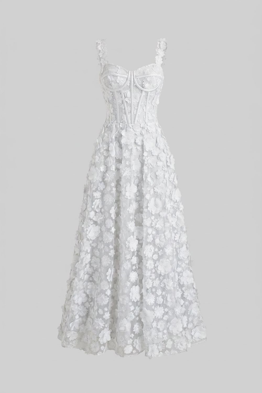 Floral Appliqué Corset Bodice Sweetheart Neck Maxi Dress – White – view 3