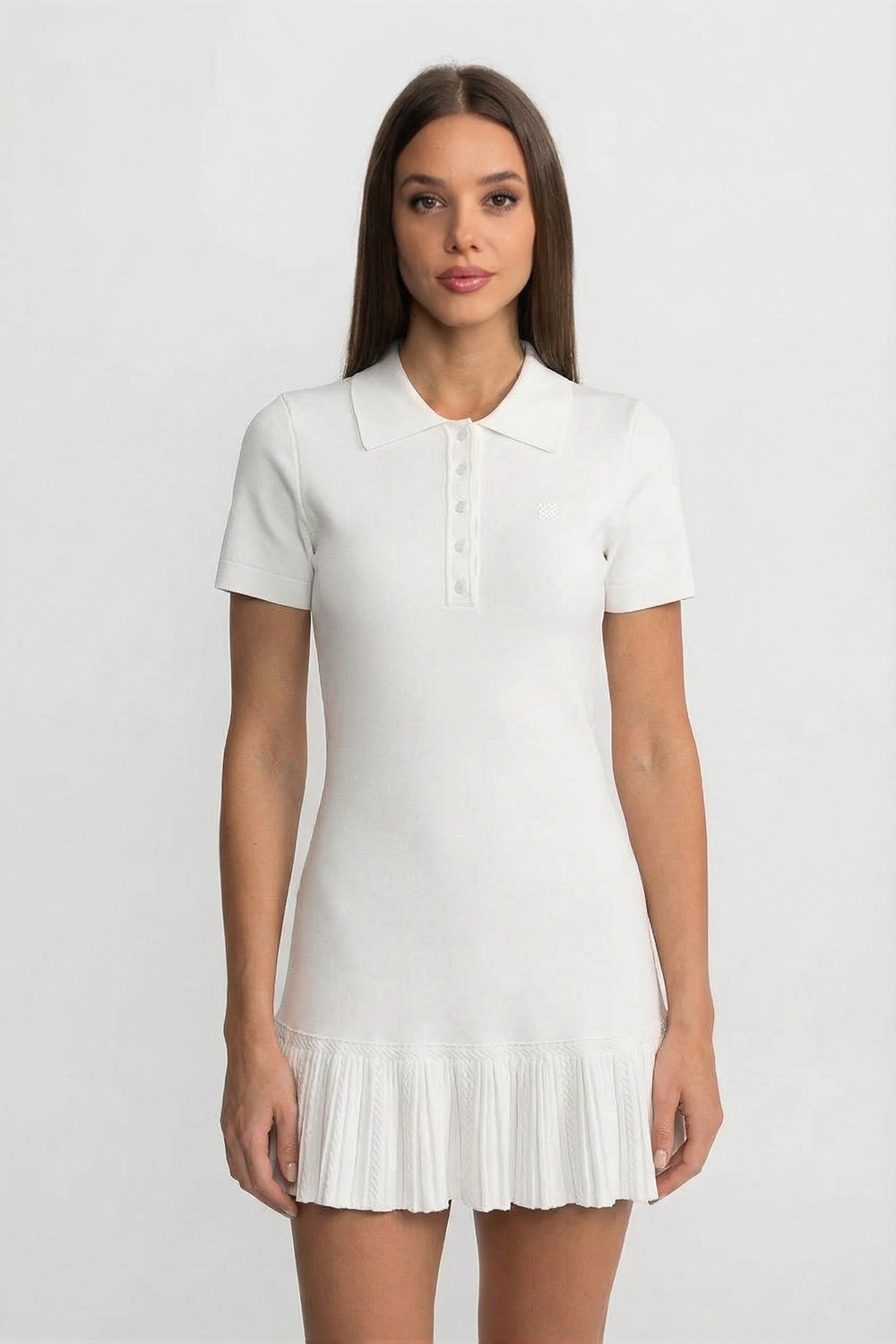 Knit Polo Collar Short Sleeve Mini Dress with Pleated Ruffle Hem – White