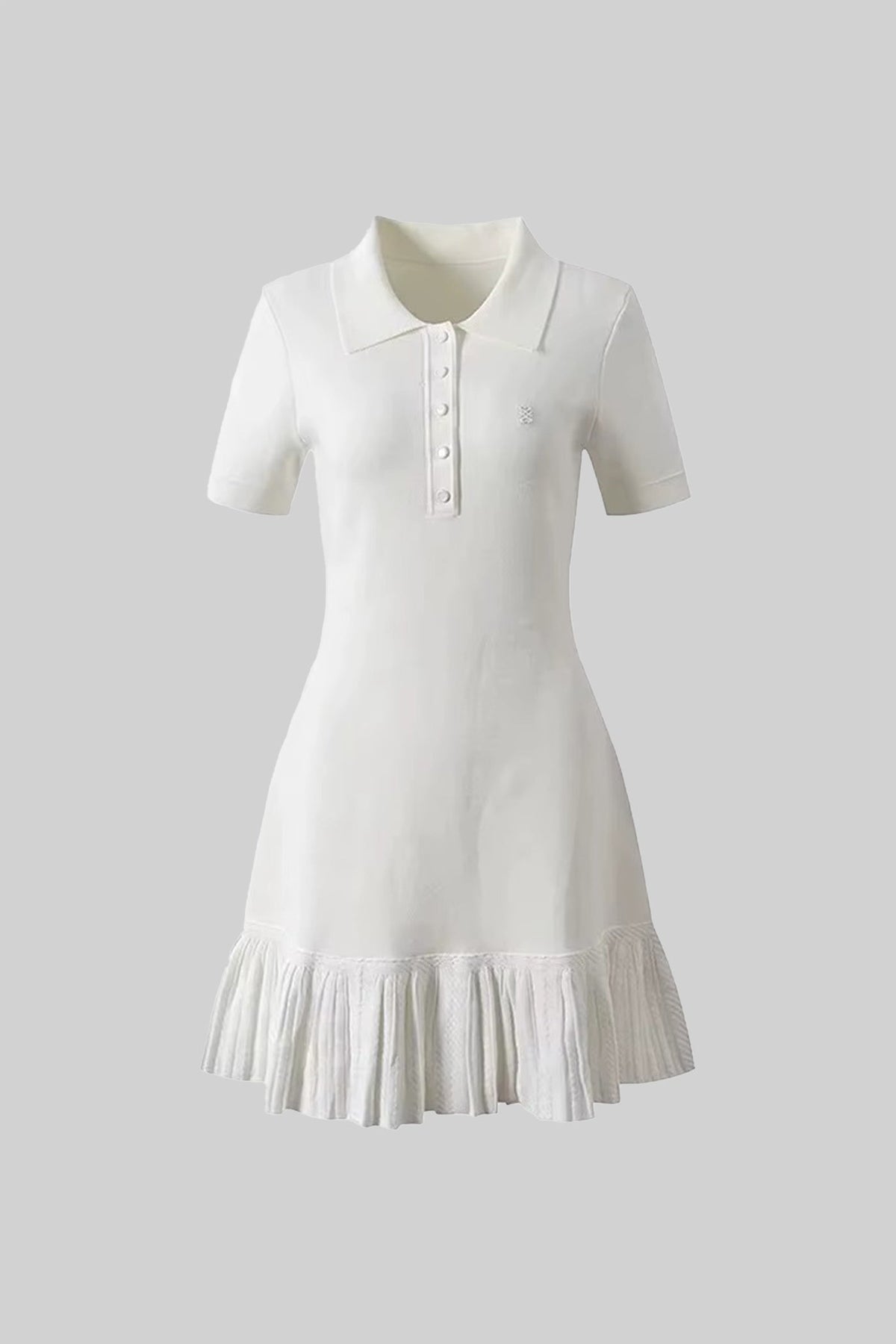 Knit Polo Collar Short Sleeve Mini Dress with Pleated Ruffle Hem – White – view 2