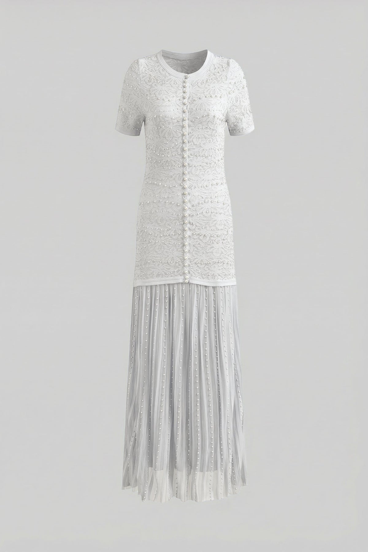 Pearl Embellished Short Sleeve Midi Dress with Pleated Skirt – White – view 4