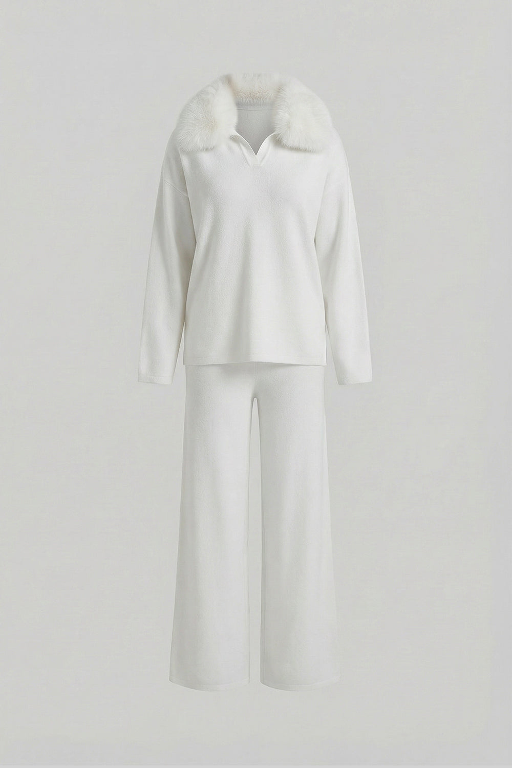 Knit Lounge Top and Straight Leg Trousers Set – White – view 2
