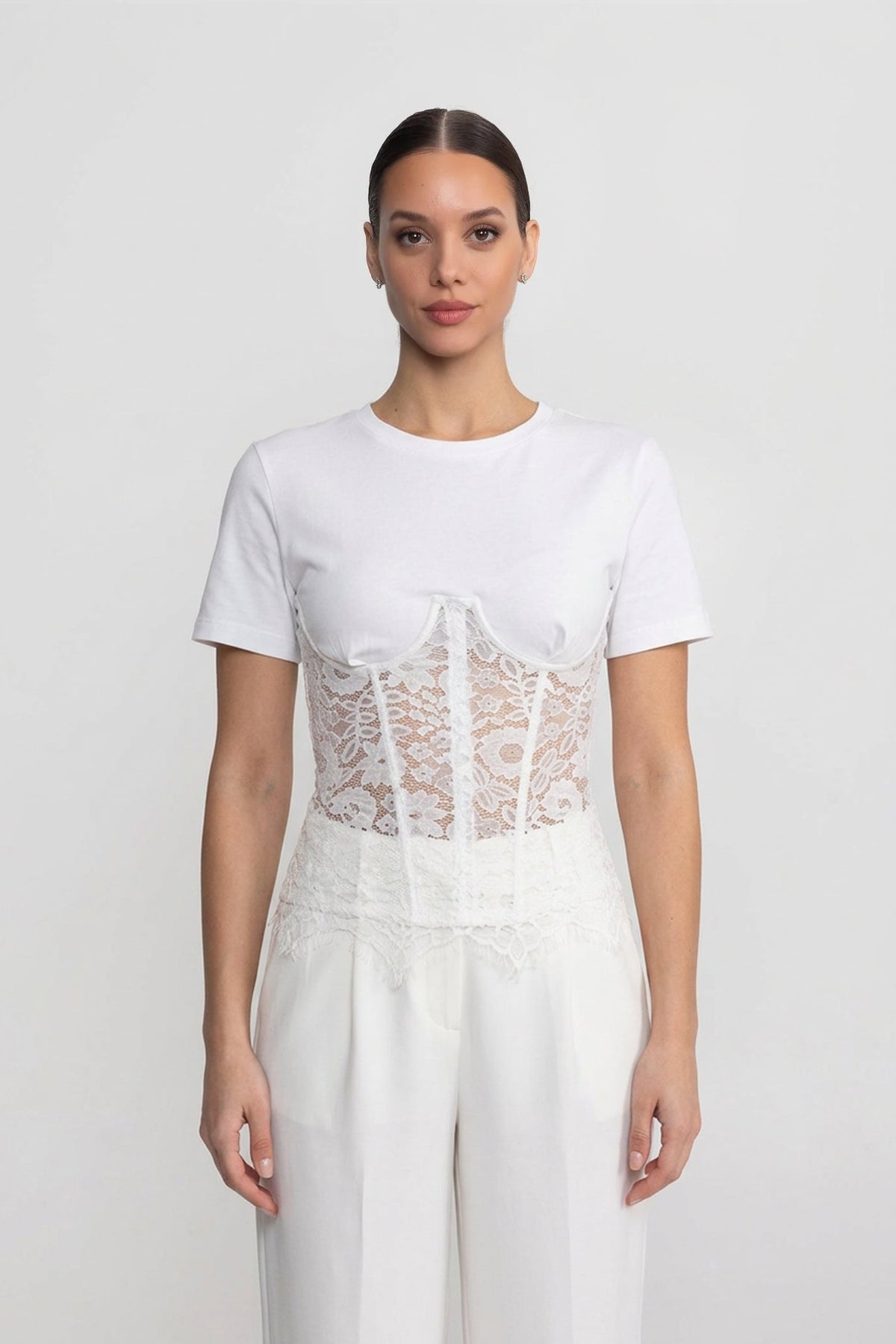 Round Neck Jersey Top with Floral Lace Corset Overlay – White – view 1