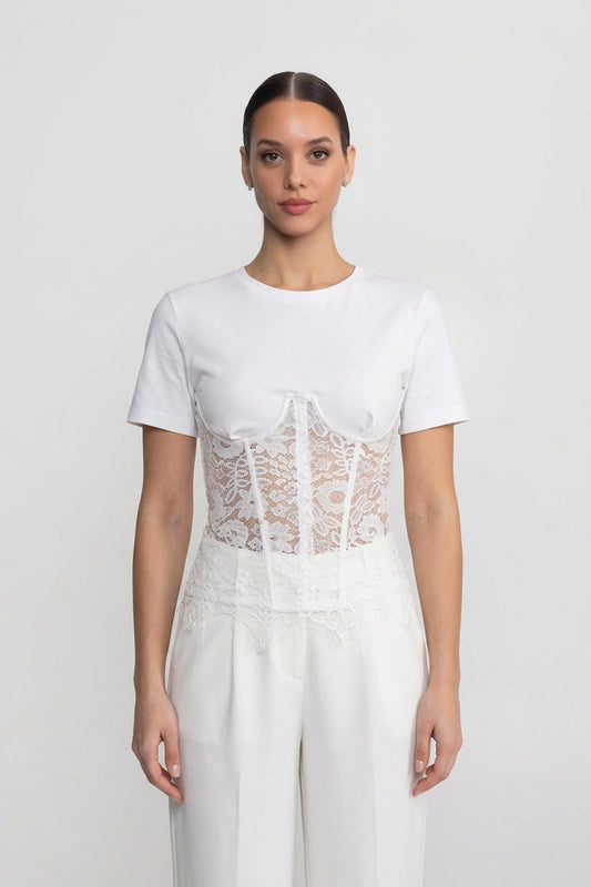 Round Neck Jersey Top with Floral Lace Corset Overlay – White