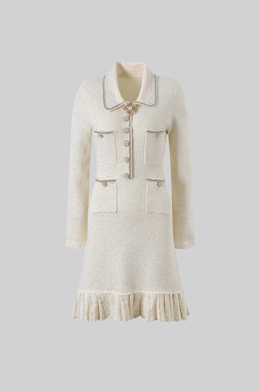 Long Sleeve Textured Knit Dress with Gold Flower Collar – Ivory – view 2