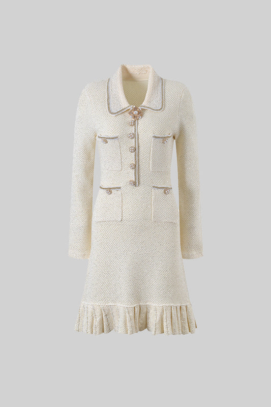 Long Sleeve Textured Knit Dress with Gold Flower Collar – Ivory – view 2