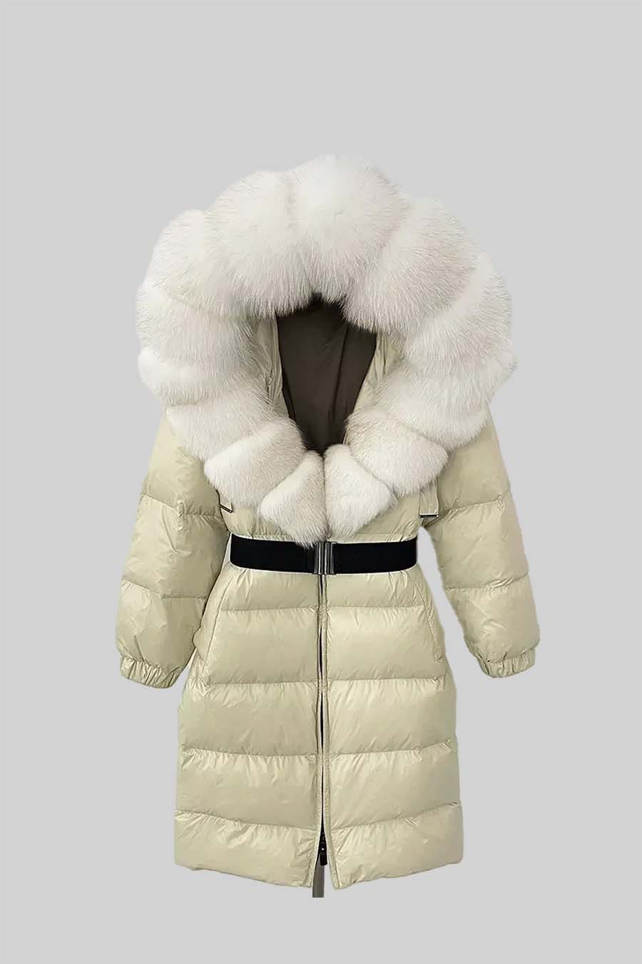 Long Duck Down Puffer Jacket with White Lined Hood – Ivory – view 3