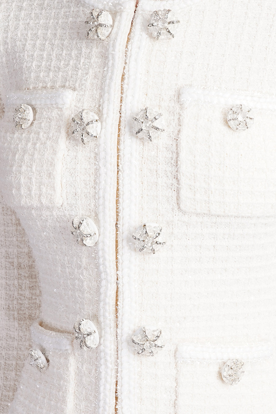 Long Sleeve Knee-Length Textured Knit Dress with Silver Buttons – White – view 9