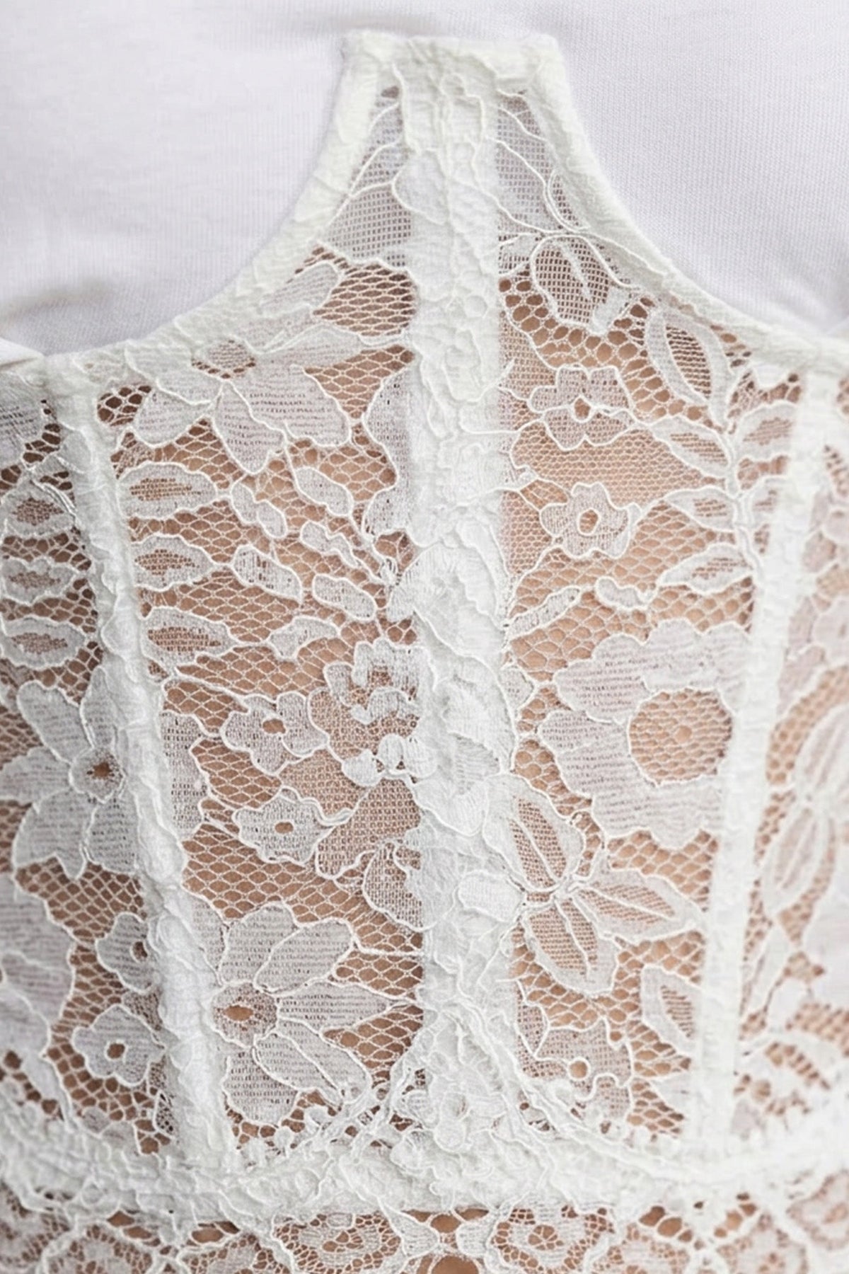 Round Neck Jersey Top with Floral Lace Corset Overlay – White – view 3
