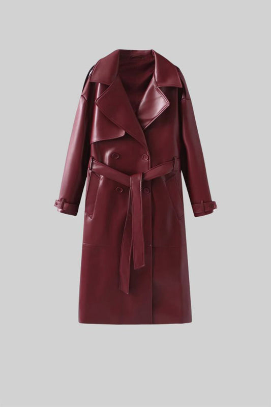 Vegan Leather Belted Trench Coat with Wide Lapels – Burgundy – view 2