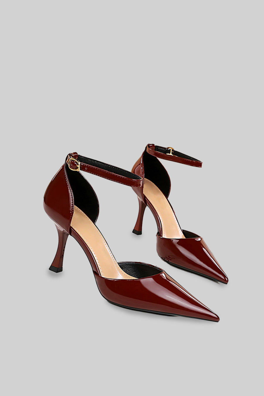Glossy Vegan Leather Pointed Toe Ankle Strap Heels – Burgundy – view 2