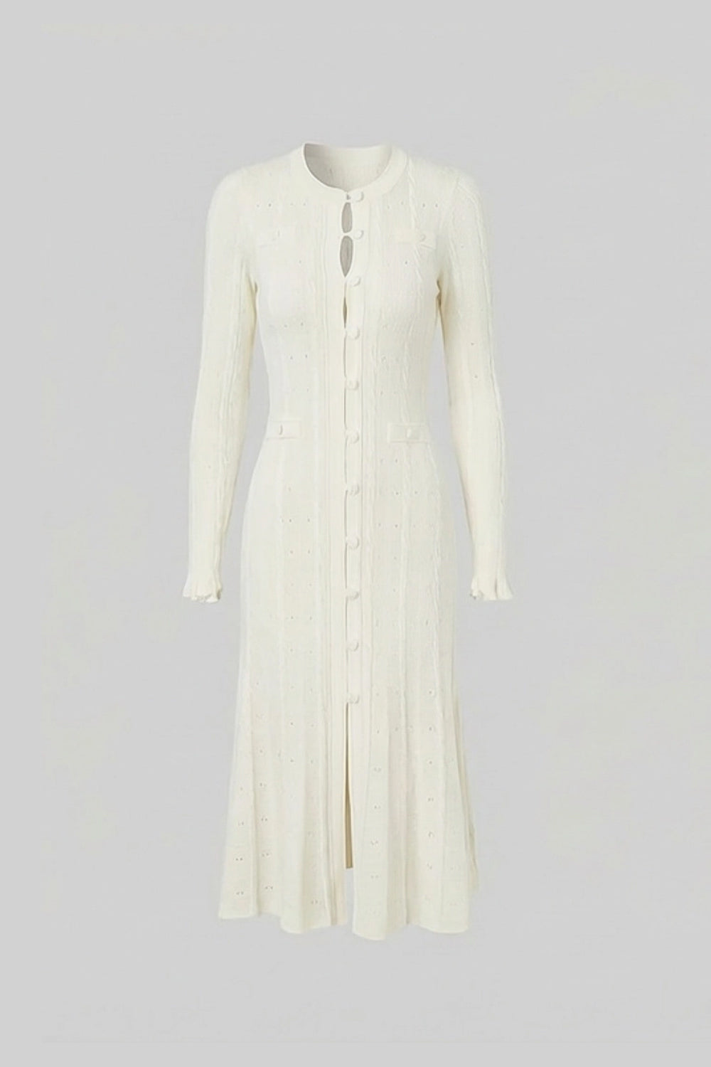Pointelle Knit Button-Front Midi Dress with Keyhole Neck – Ivory – view 2
