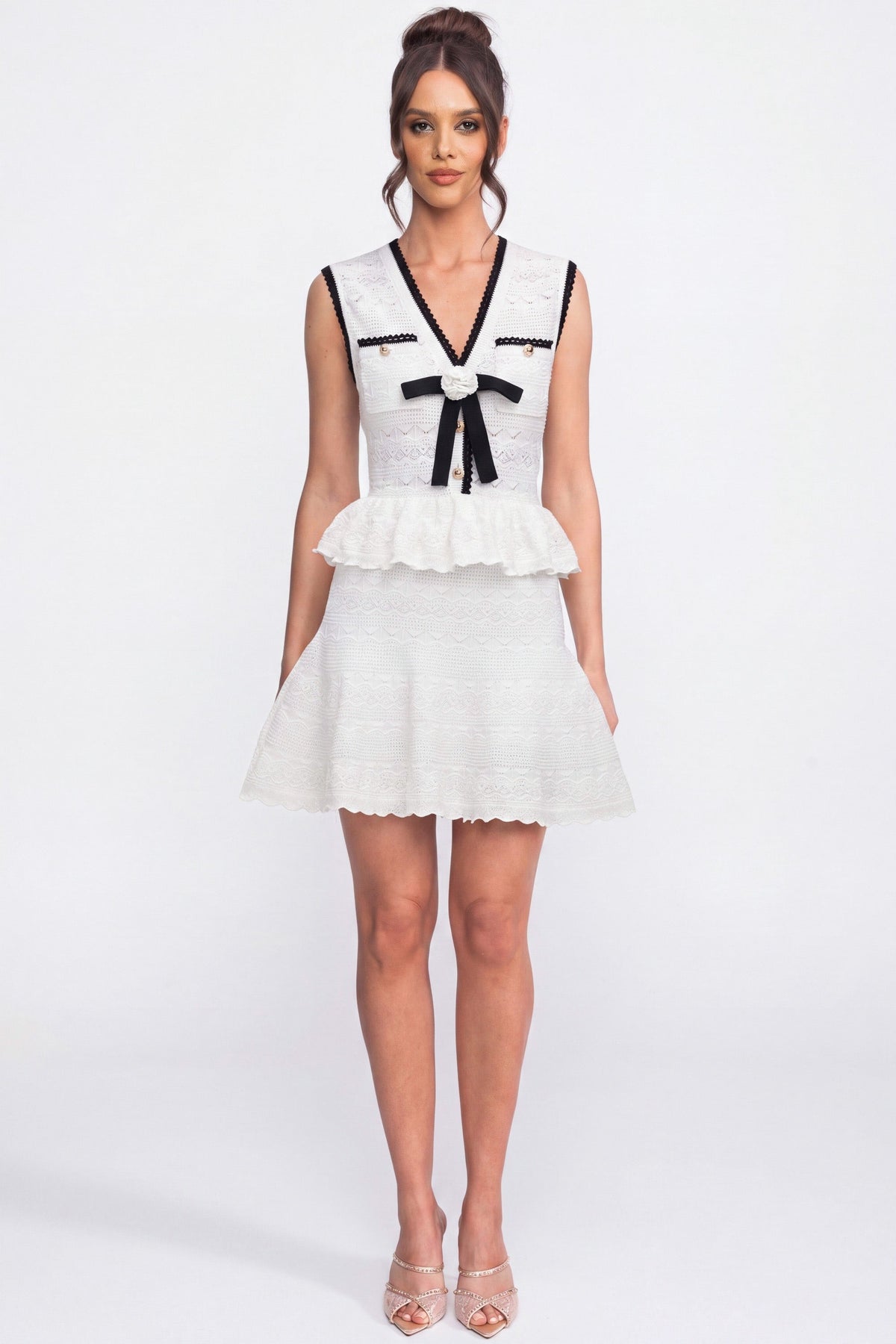Sleeveless Knit Peplum Mini Dress with Contrast Trim and Bow – White – view 4