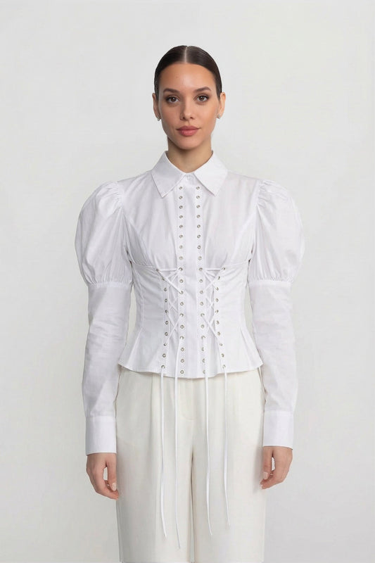 Long Sleeve Corset Lace-Up Peplum Shirt with Puff Shoulders – White