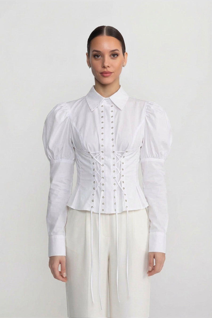 Long Sleeve Corset Lace-Up Peplum Shirt with Puff Shoulders – White