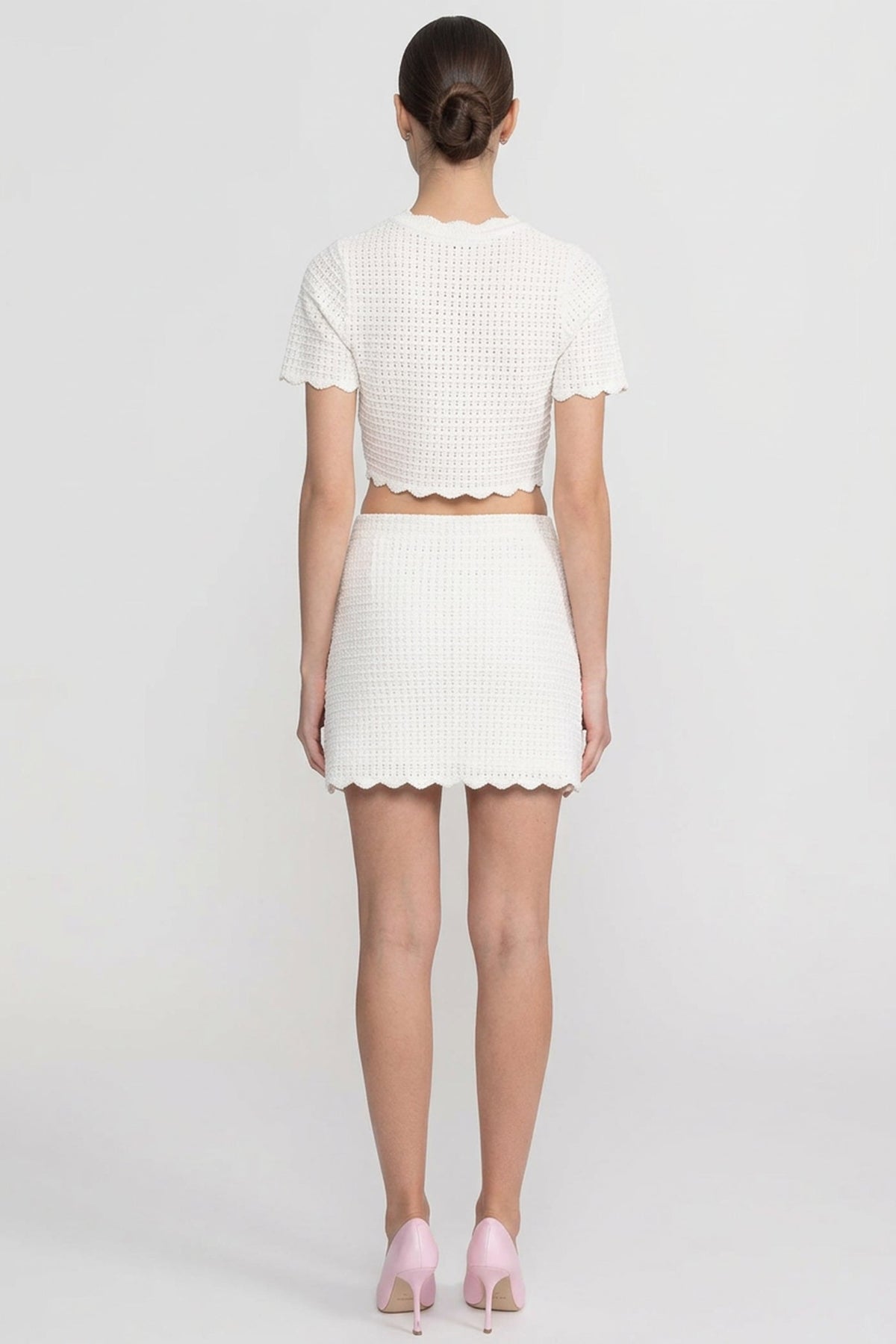 Scalloped Open-Knit Cropped Top and Mini Skirt Co-ord Set – White – view 4