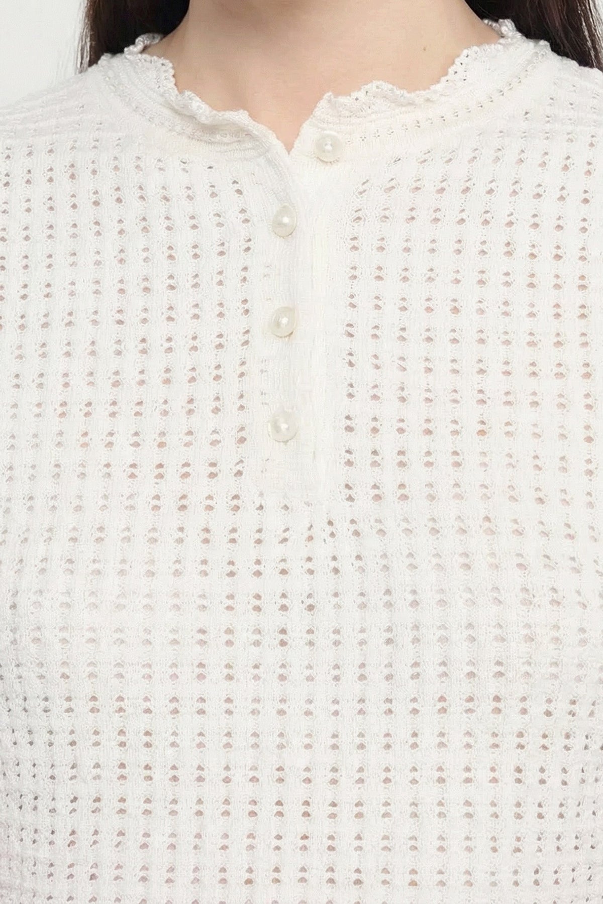 Scalloped Open-Knit Cropped Top and Mini Skirt Co-ord Set – White – view 3