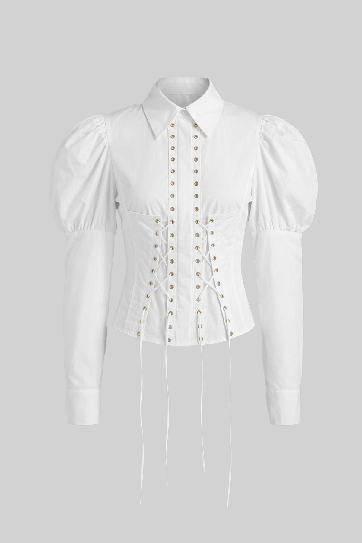 Long Sleeve Corset Lace-Up Peplum Shirt with Puff Shoulders – White