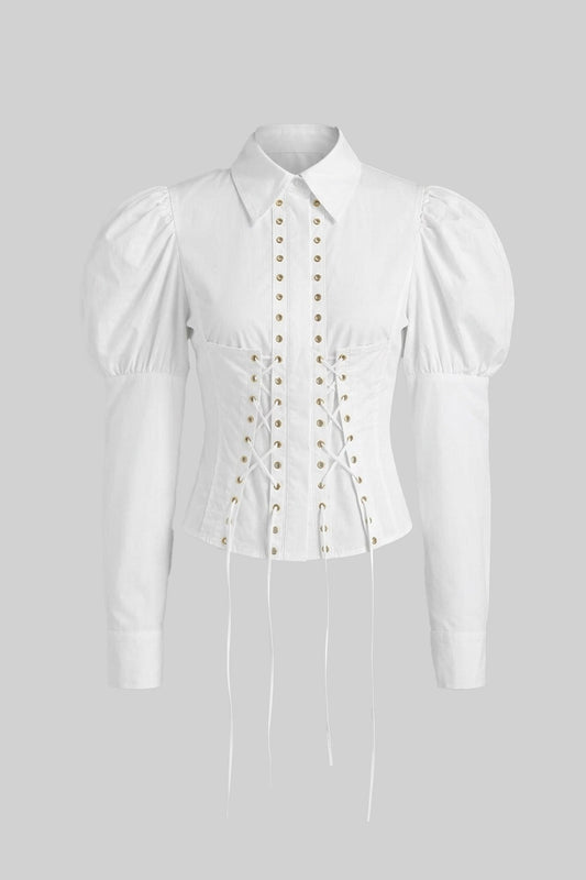 Long Sleeve Corset Lace-Up Peplum Shirt with Puff Shoulders – White