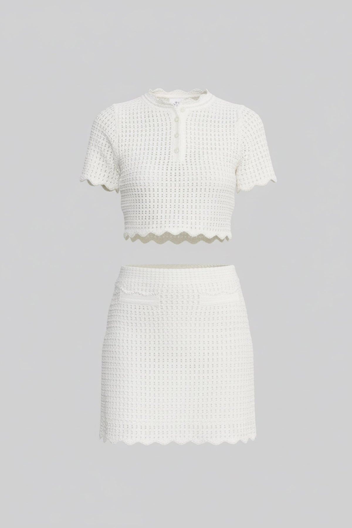 Scalloped Open-Knit Cropped Top and Mini Skirt Co-ord Set – White – view 2