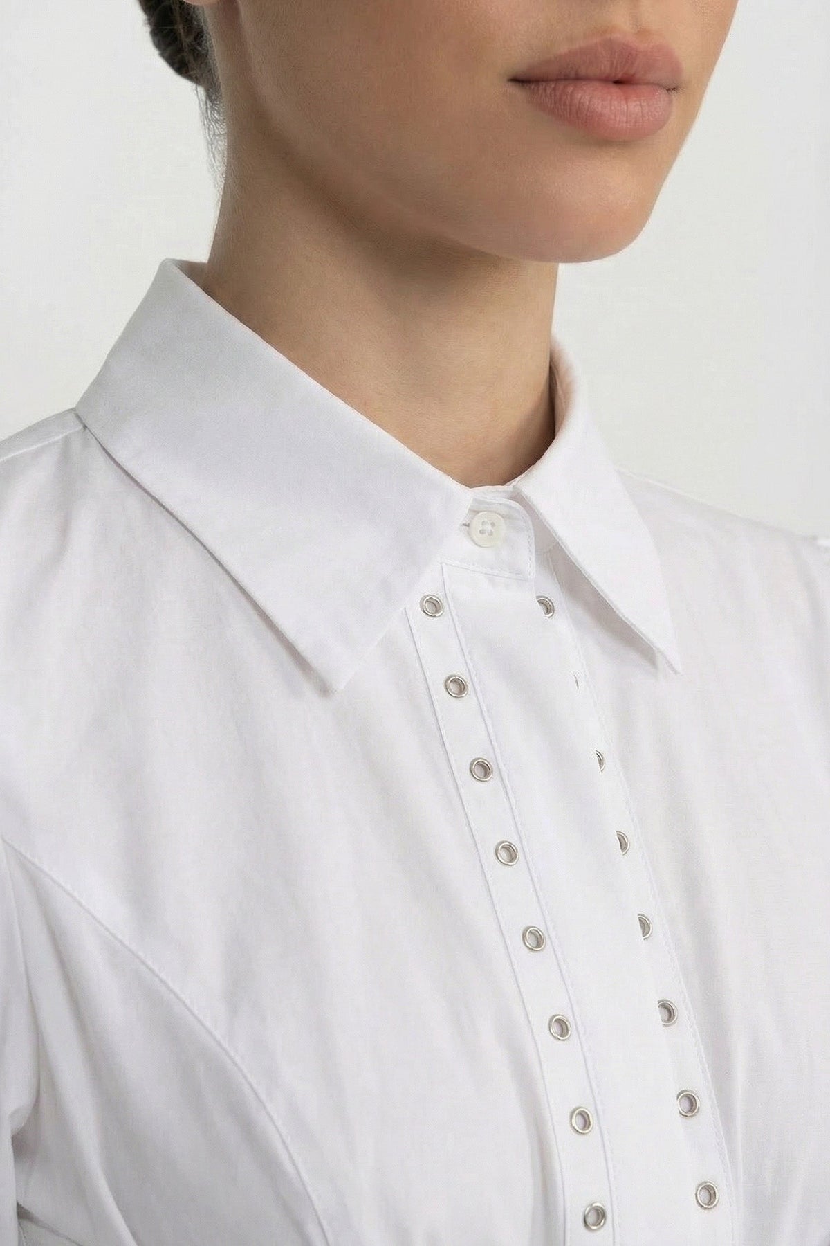 Long Sleeve Corset Lace-Up Peplum Shirt with Puff Shoulders – White – view 3
