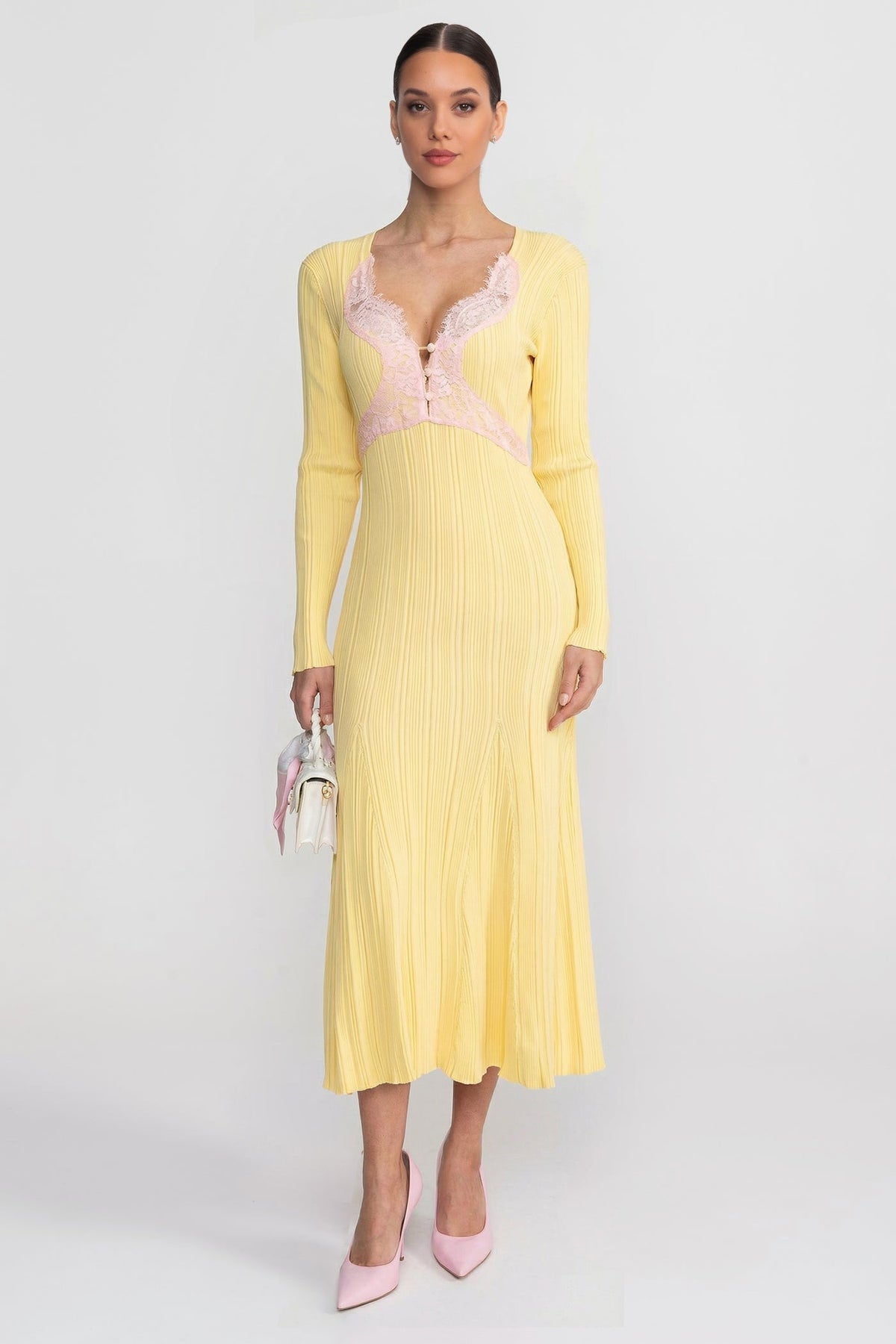 Ribbed Knit Lace Trim V-Neck Long Sleeve Midi Dress – Yellow
