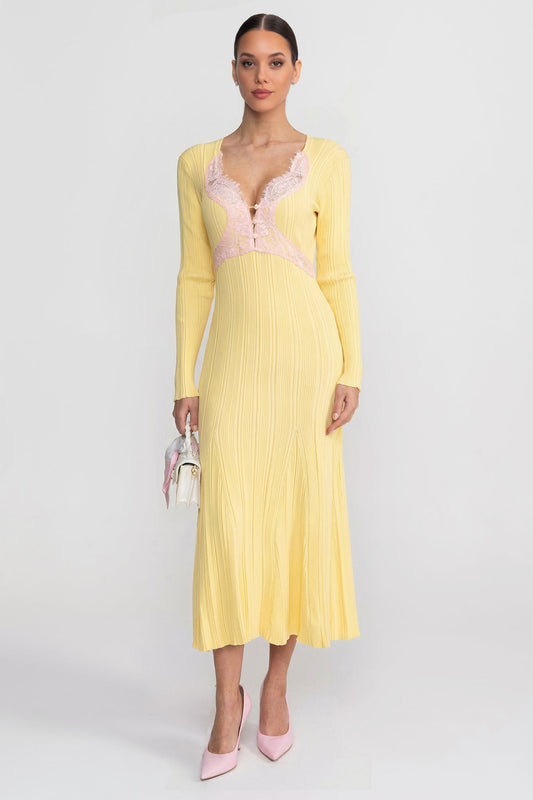 Ribbed Knit Lace Trim V-Neck Long Sleeve Midi Dress – Yellow