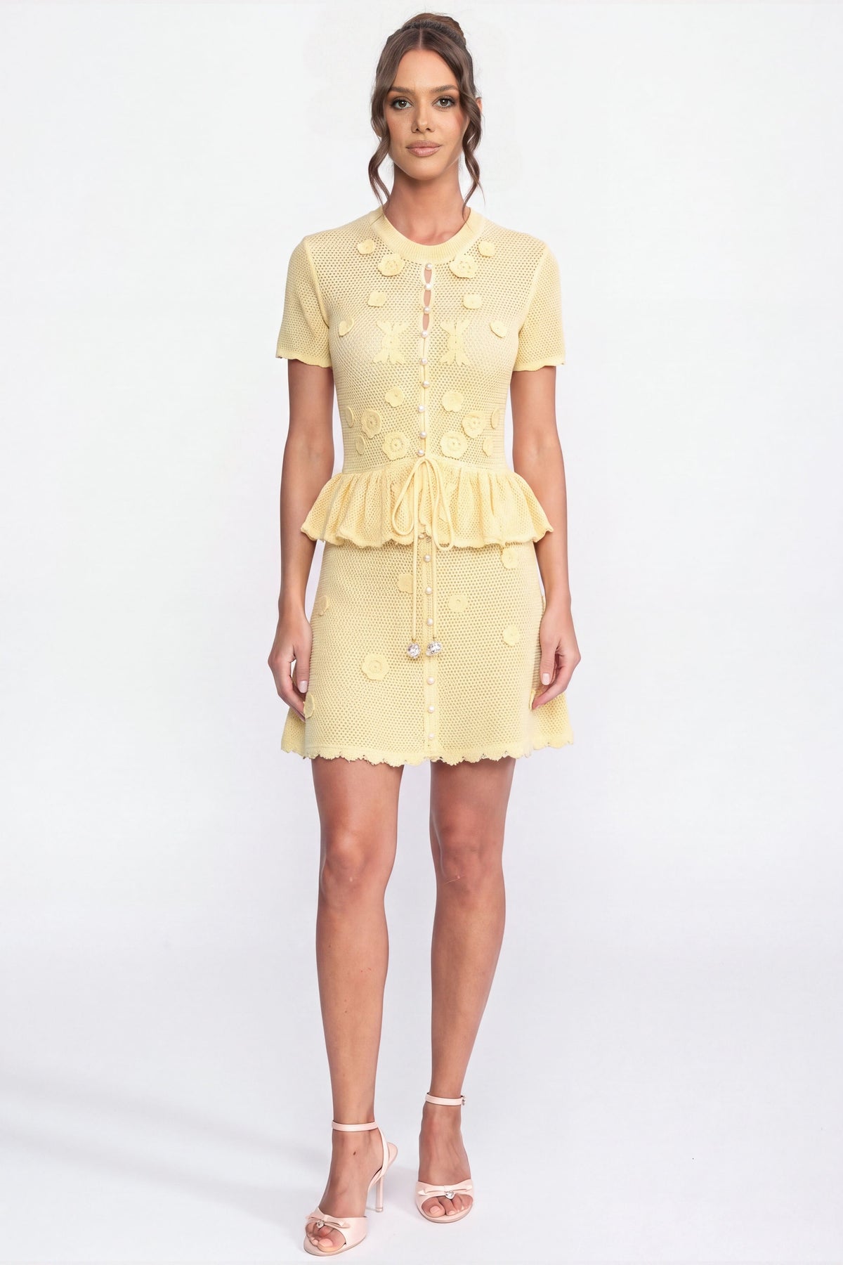 Floral Crochet Peplum Mini Dress with Drawstring Waist – Yellow – view 1