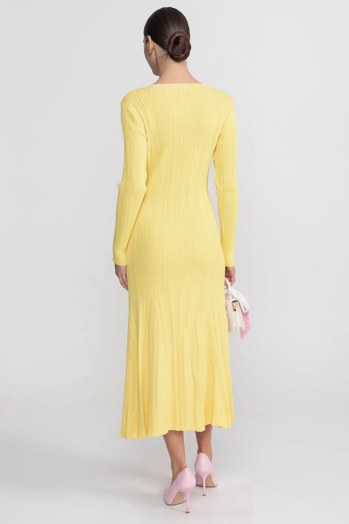 Ribbed Knit Lace Trim V-Neck Long Sleeve Midi Dress – Yellow – view 6