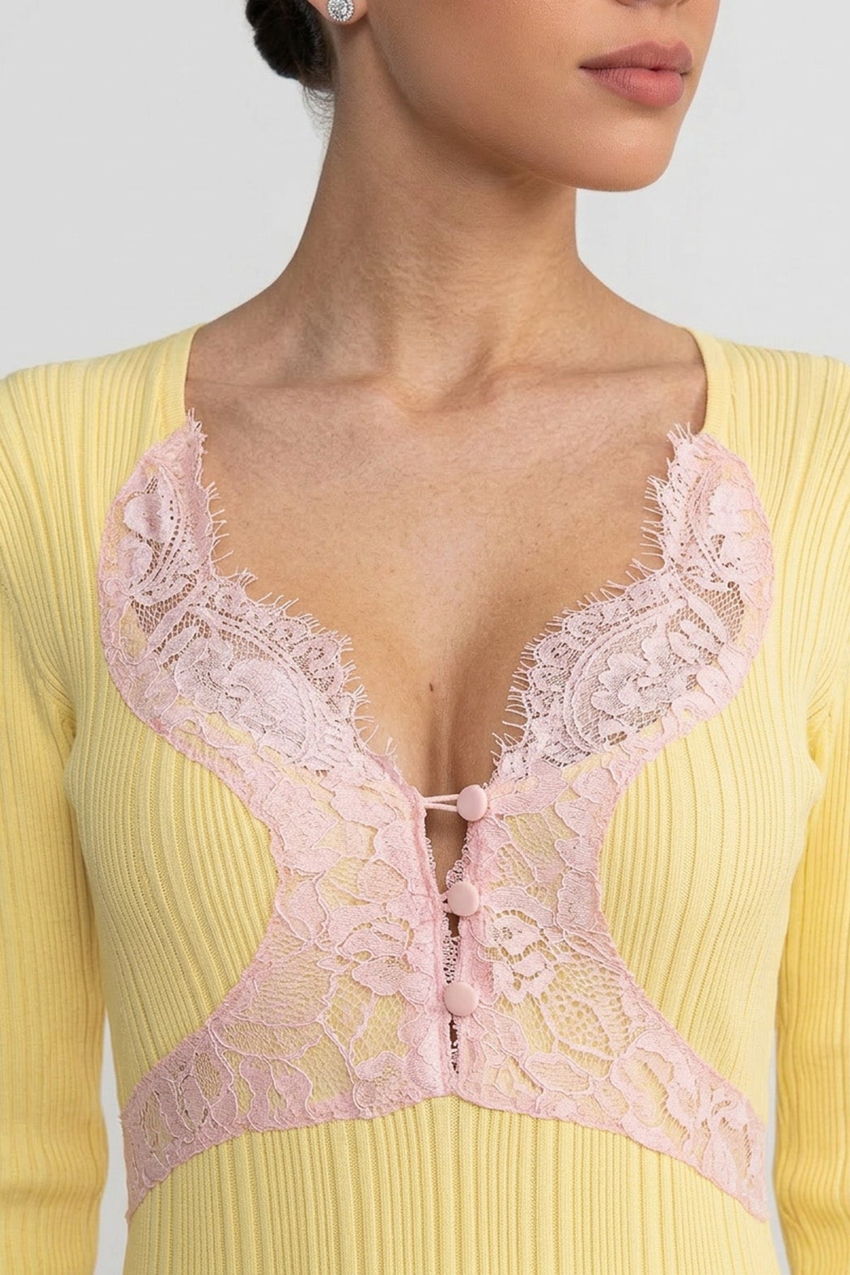 Ribbed Knit Lace Trim V-Neck Long Sleeve Midi Dress – Yellow – view 5