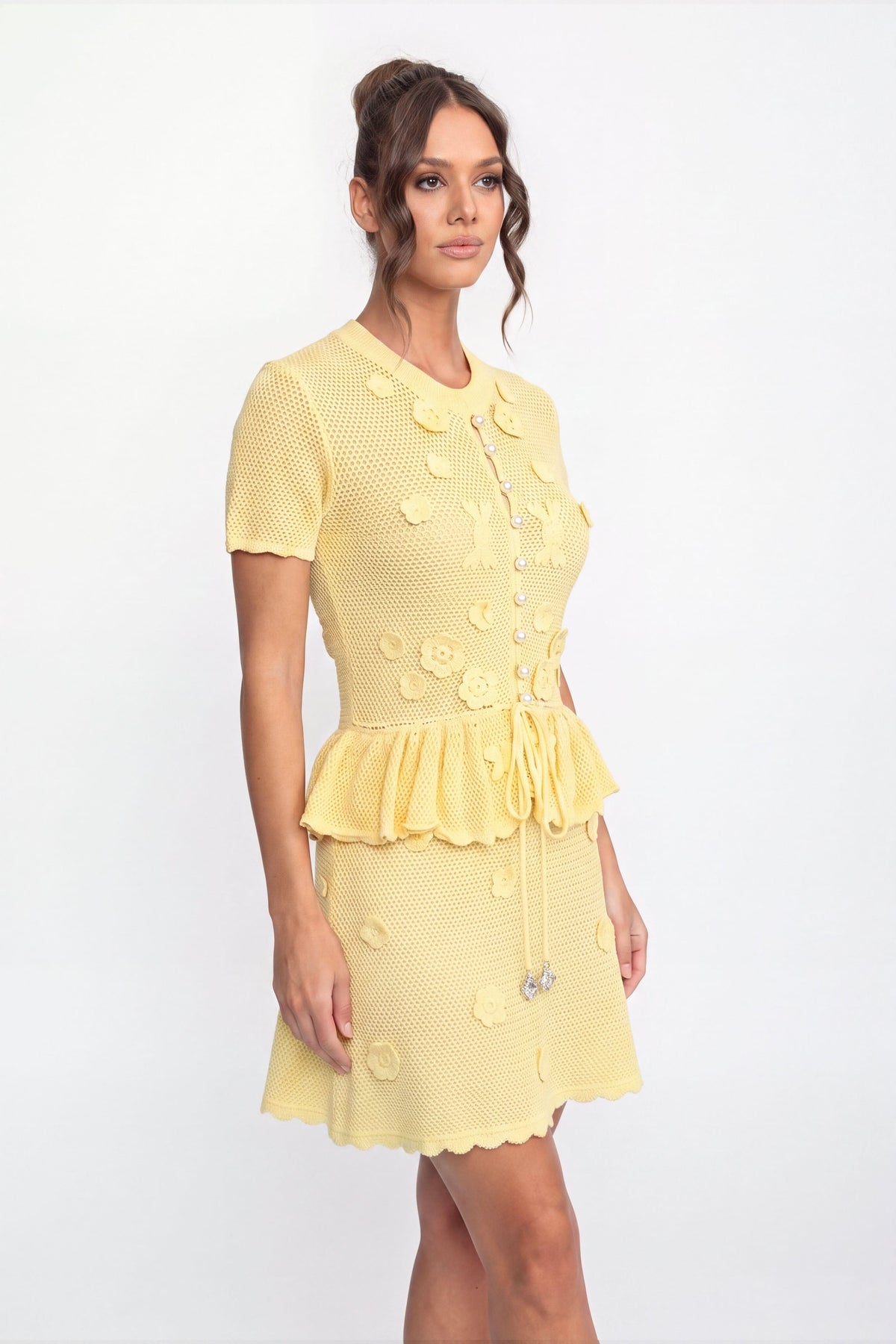 Floral Crochet Peplum Mini Dress with Drawstring Waist – Yellow – view 3