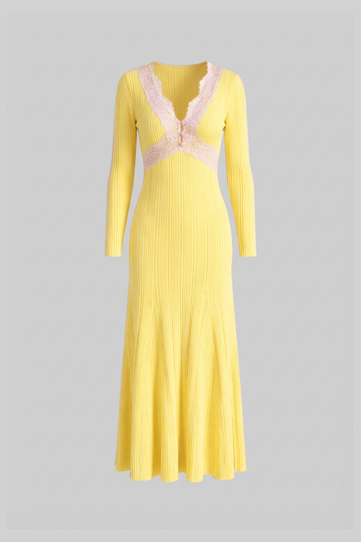 Ribbed Knit Lace Trim V-Neck Long Sleeve Midi Dress – Yellow – view 4
