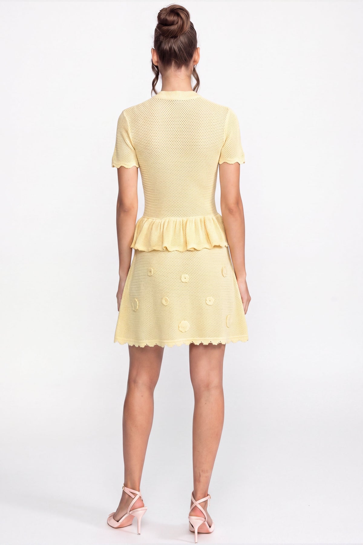 Floral Crochet Peplum Mini Dress with Drawstring Waist – Yellow
