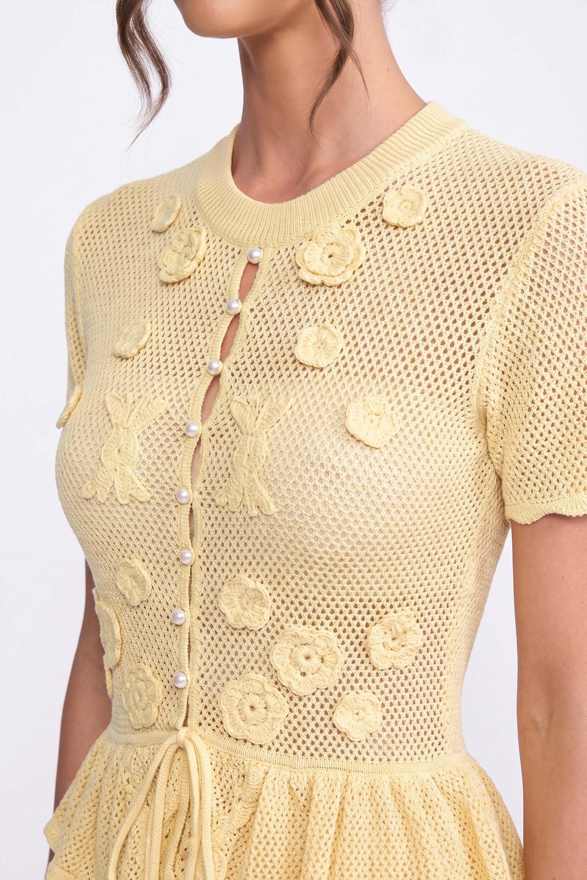 Floral Crochet Peplum Mini Dress with Drawstring Waist – Yellow – view 4