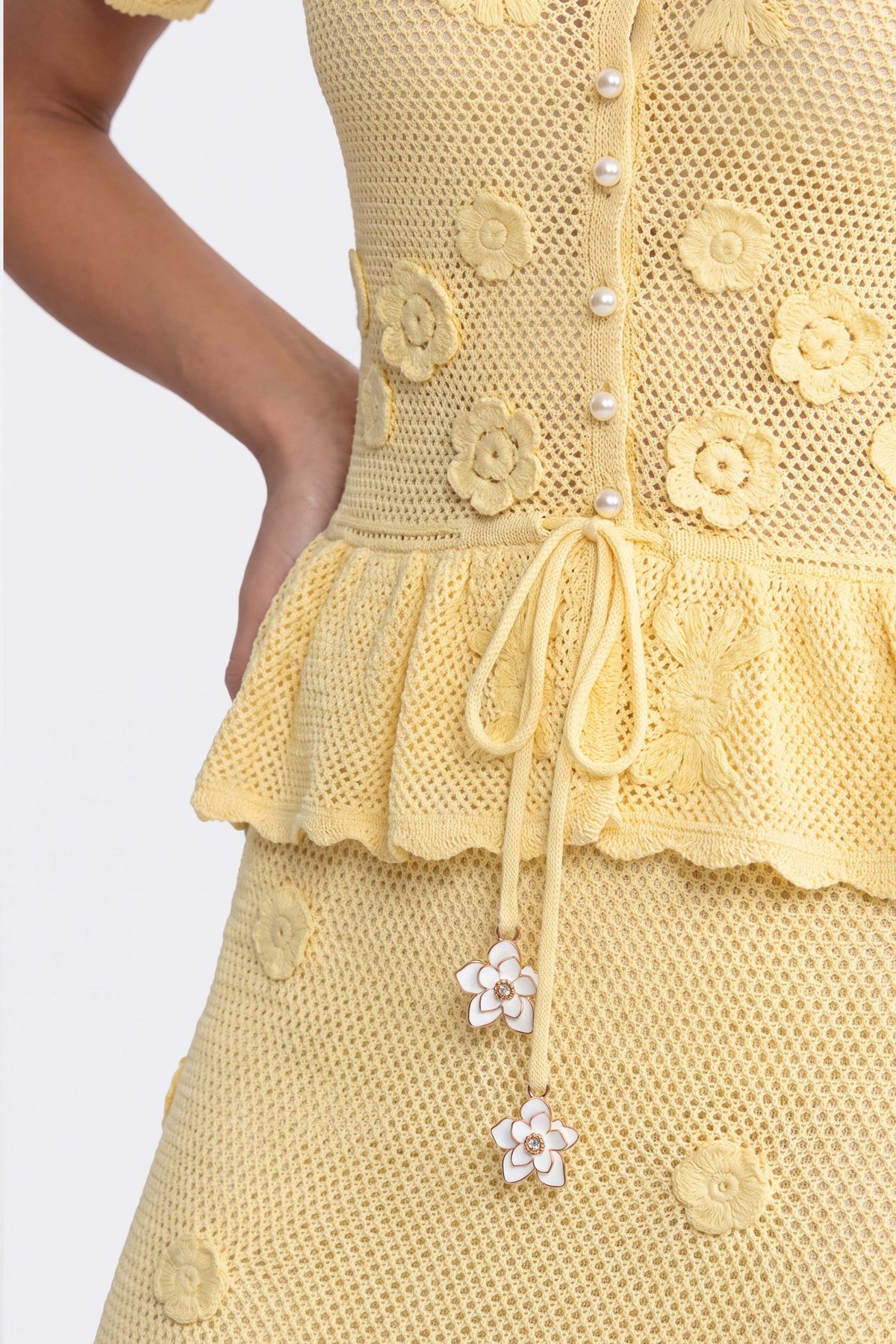 Floral Crochet Peplum Mini Dress with Drawstring Waist – Yellow – view 5