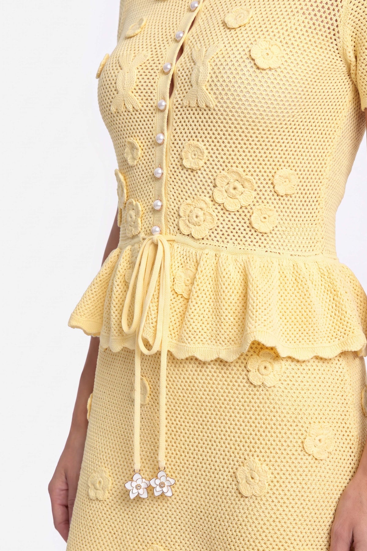 Floral Crochet Peplum Maxi Dress with Drawstring Waist – Yellow