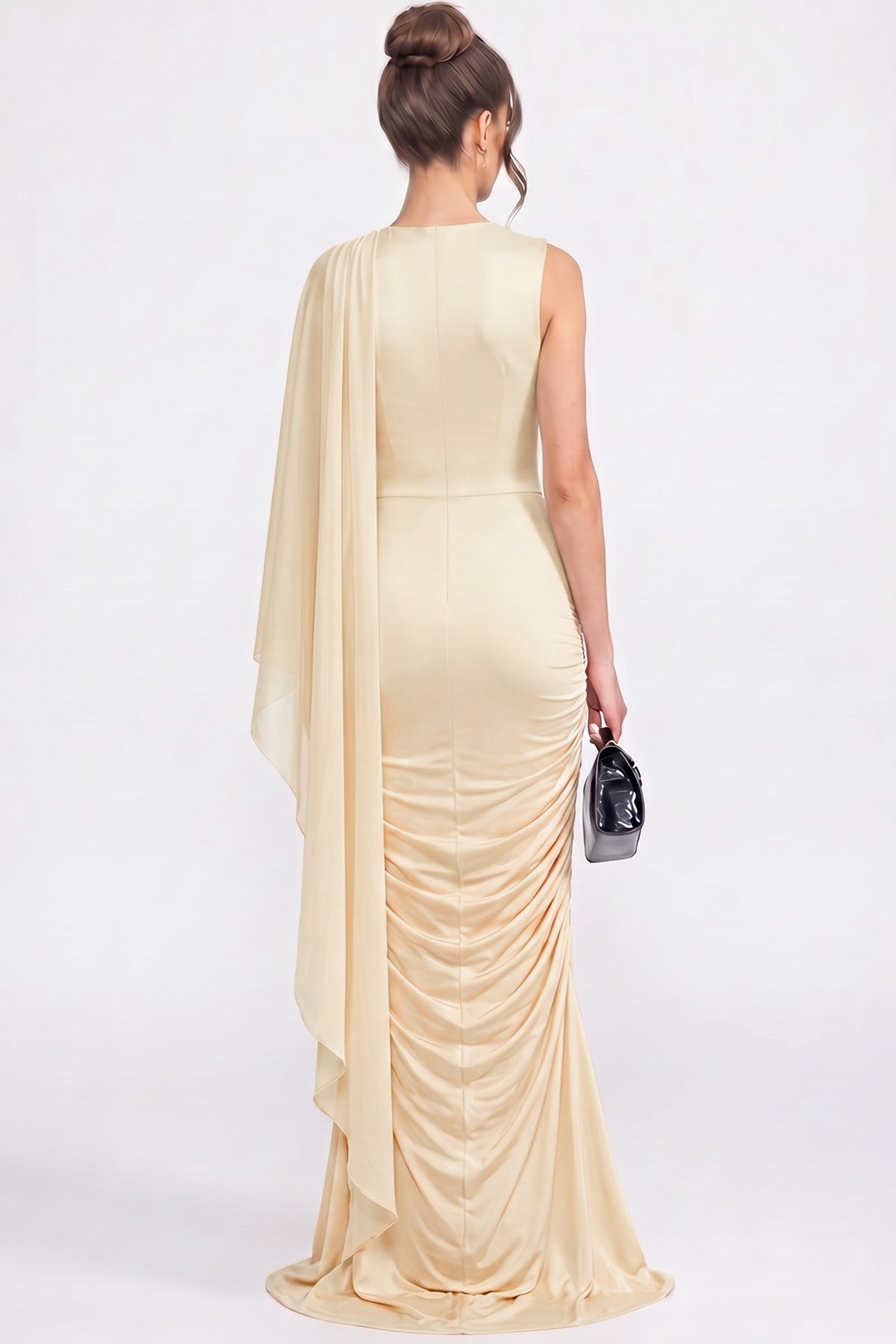 One-Shoulder Draped Maxi Dress with Sheer Scarf Detail – Beige – view 7
