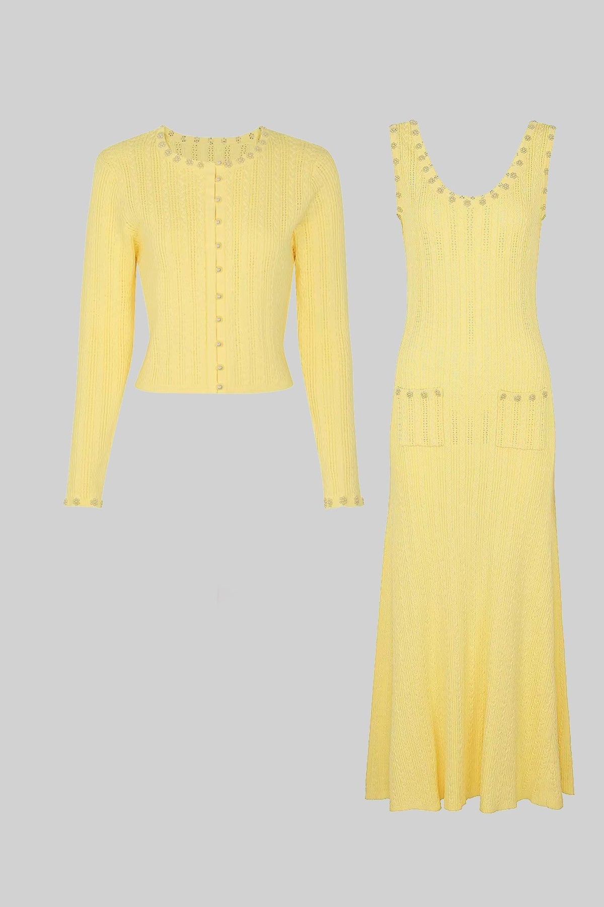 Ribbed Knit Midi Dress and Cropped Cardigan Set with Pearl Buttons – Yellow – view 9