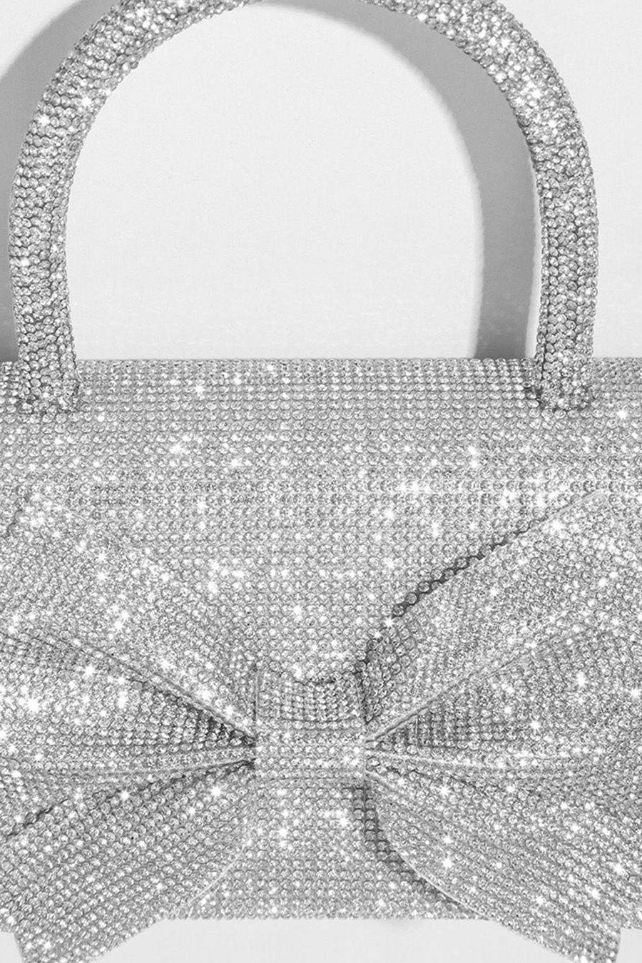 Rhinestone Bow Clutch with Curved Handle and Chain Strap – Silver – view 2