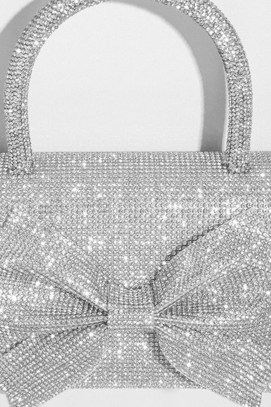 Rhinestone Bow Clutch with Curved Handle and Chain Strap – Silver – view 2